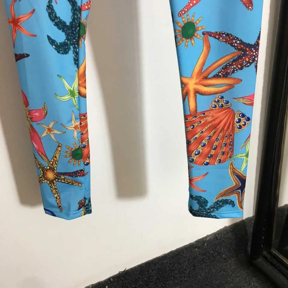 Niebieski Moda Sea Star Shell Creature Drukuj Elastyczne Talia Szczupła Legginsy Wakacje Luksusowe Designer Lato Kobiety Ubrania 210925