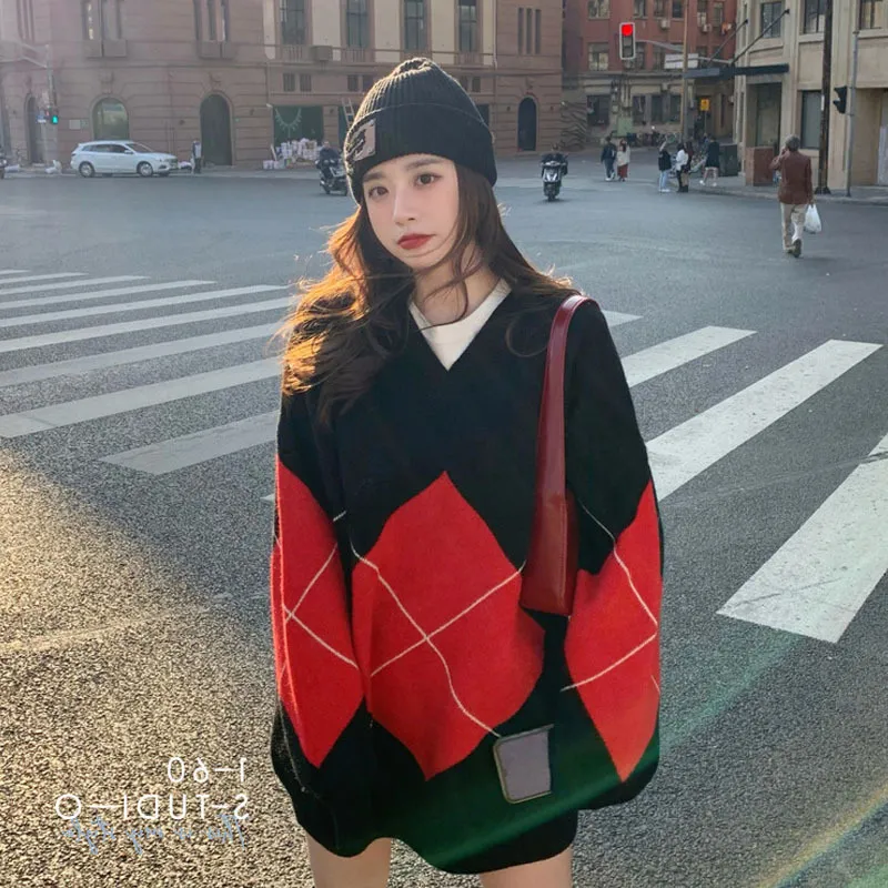 H.SA Women Sweater Pullovers Black White Casual Argyle Chic Pullover and Jumpers Knitted Korean Tops 210417