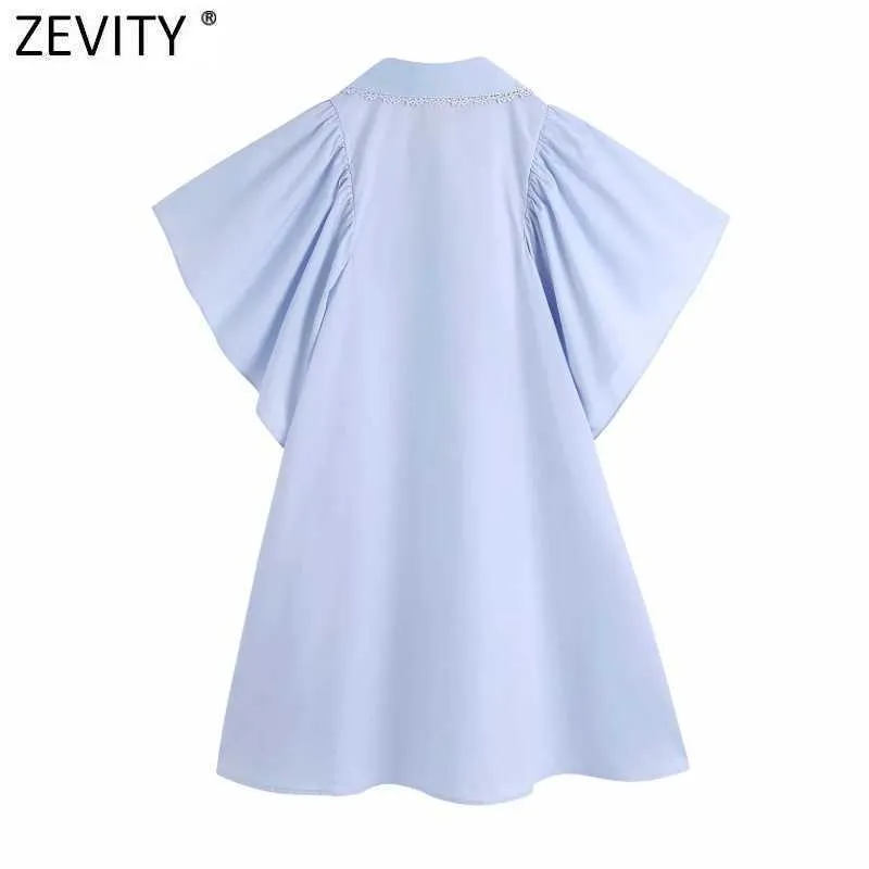 Zevity Women Sweet Lace Spliced Peter Pan Collar Solid Shirt Dress Female Chic Pleat Butterfly Sleeve Casual Vestidos DS8342 210603