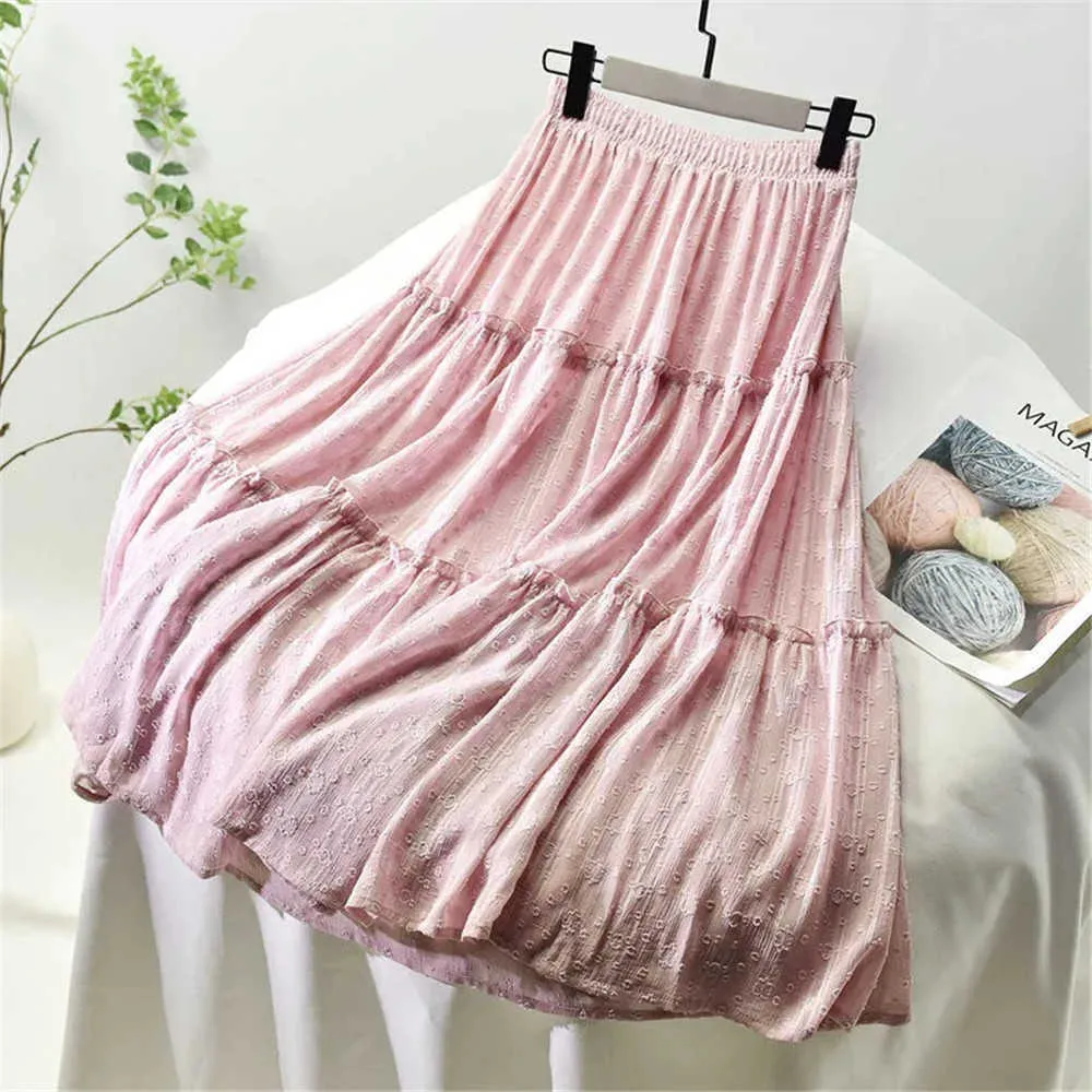 Szyfonowy plisowany plisowany długie spódnice kobiety lato wysokiej jakości vintage vintage biała talia biała spódnica słodka różowa damska biuro 210619