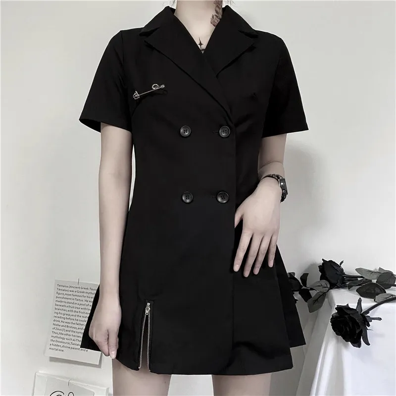 Harajuku Femmes Chaînes Gothiques Streetwear Noir Mode Robe Solide Ceinture Sexy Mini Robes Robes 17407 210415