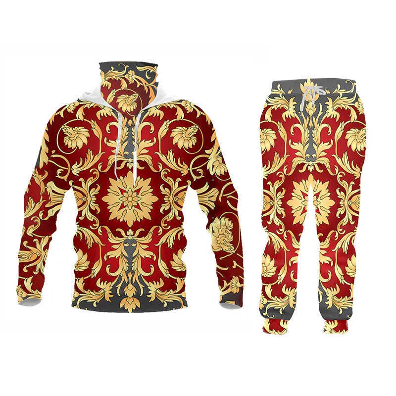 Mäns Set Casual Sets 3D Gold Flower Print Harajuku Hoodie And Jogger Pants Luxury Royal Floral Oversize Women Tracksuit x0909