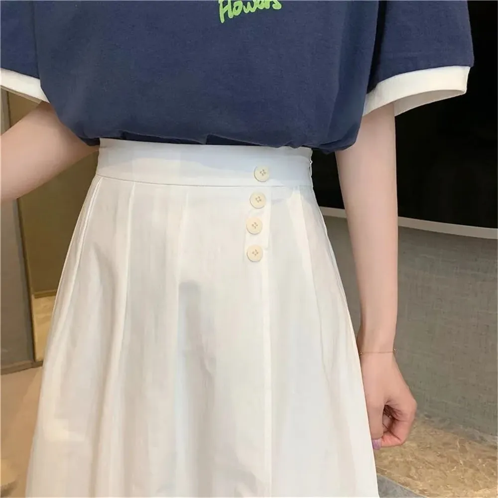 Falda plisada lisa de verano con botones de cintura alta, faldas largas amarillas, azules y blancas, ropa de calle informal coreana salvaje acampanada 210421