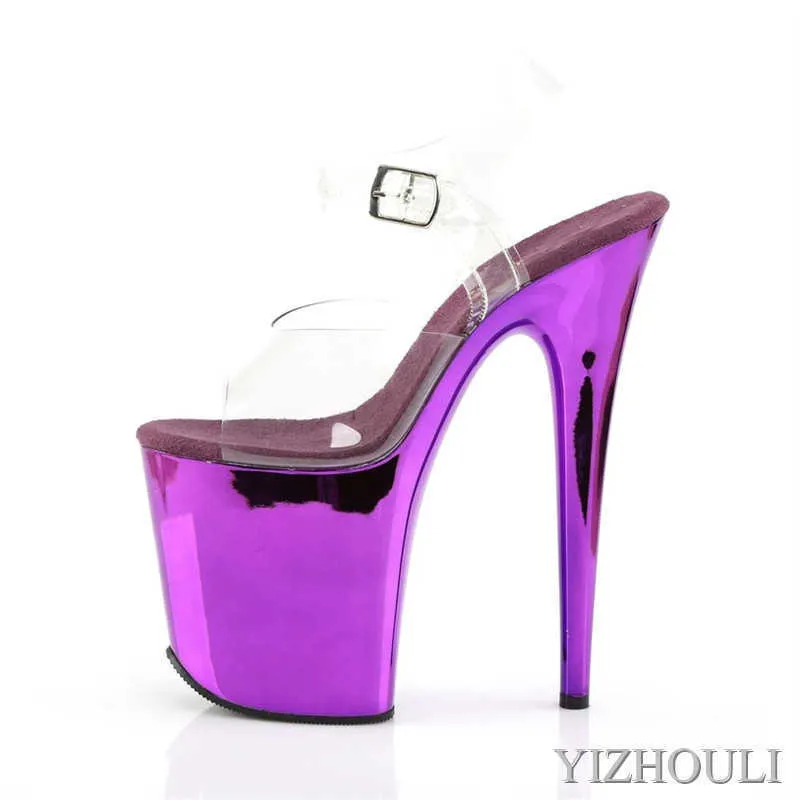 8 inch, high heel sandals, transparent upper, 20cm electroplated stiletto heels, pole dancing sandals for fashion models Y0721