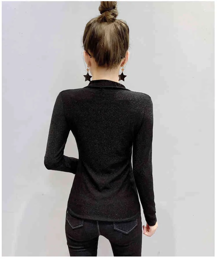 Autumn Color Block T-shirts Women Shiny Bling Patchwork Stretchy Tops Bottoming Long Sleeve Camiseta Mujer T99291 210421