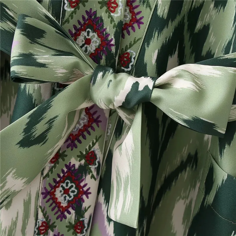 Woman Dress Green Print Midi Kimono Women Summer Belt Long Puff Sleeve Japanese Style Wrap es 210519