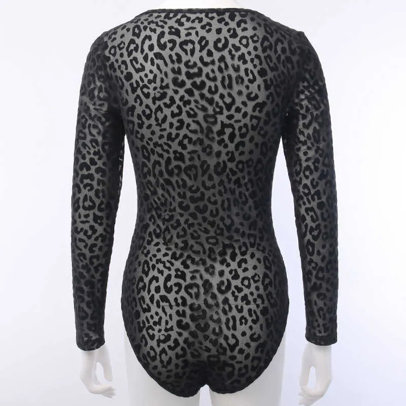 Coylsmo Bodycon Lace Sexig Bodysuit Kvinnor Leopard Transparent Kvinna Body Mujer Deep V Herr Jumpsuit Overaller Streetwear 210527