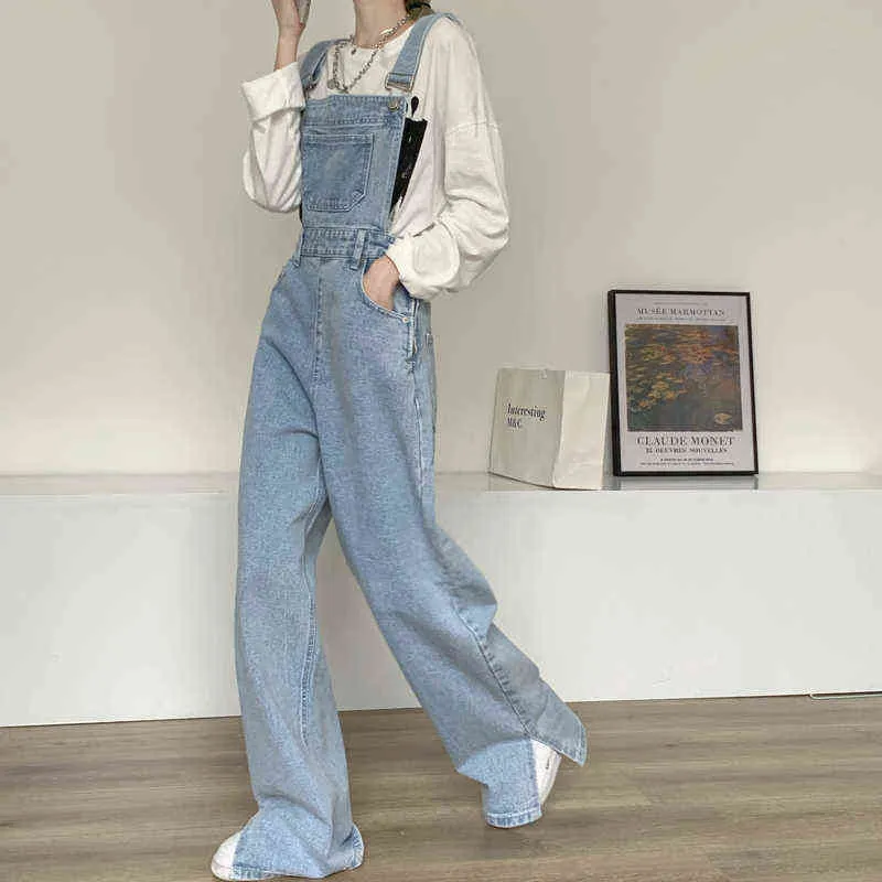 Denim Jumpsuit Femmes Basic Salopette Lâche Droite Casual High Street Bureau Élégant Long Style Vente Bleu Mode 211129