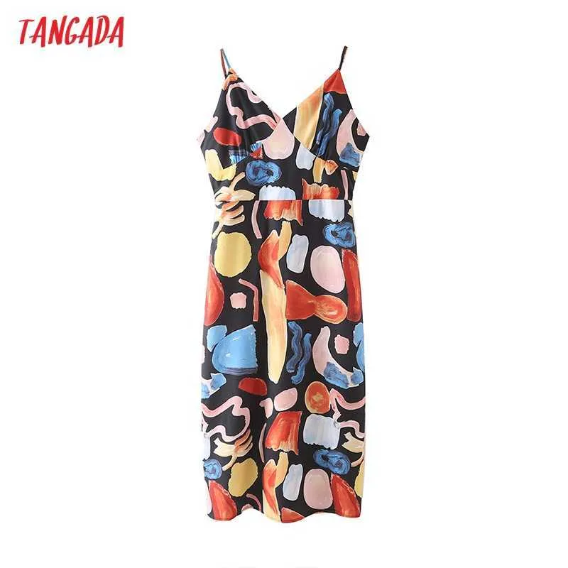 Tangada Summer Fashion Donna Stampa Strap Dress Senza maniche Backless Bow Abito longuette casual femminile 4T40 210609