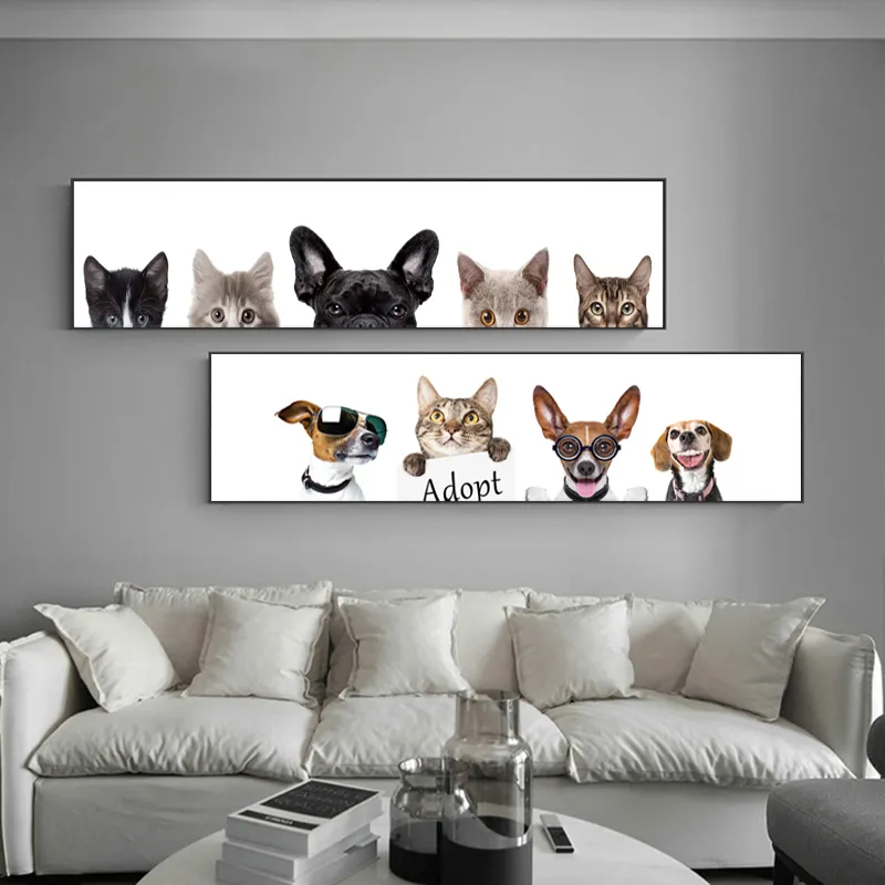 Engraçado dos desenhos animados cão gato cartaz kid039s quarto cabeceira pintura quadros em tela arte da parede para sala de estar moderna casa decor6750768