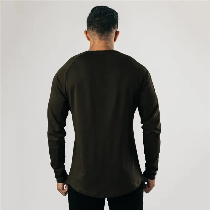 Casual Long Sleeve Cotton T-shirt Men Gym Fitness Bodybuilding Workout Slim T Shirt Male Solid Tee Tops Sport Training Clothing 210421