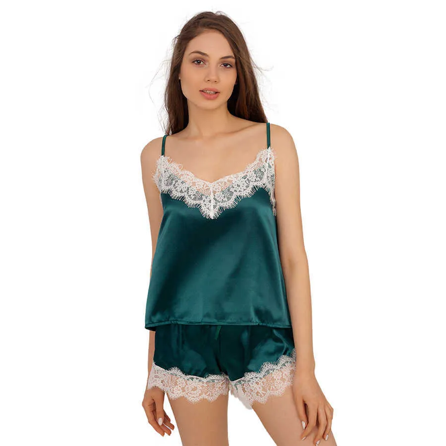 Satin Pyjamas Set Spitze Trim Pijama Kurze Hose Sexy Cami Braut Nachtwäsche Sets Für Frauen Q0706