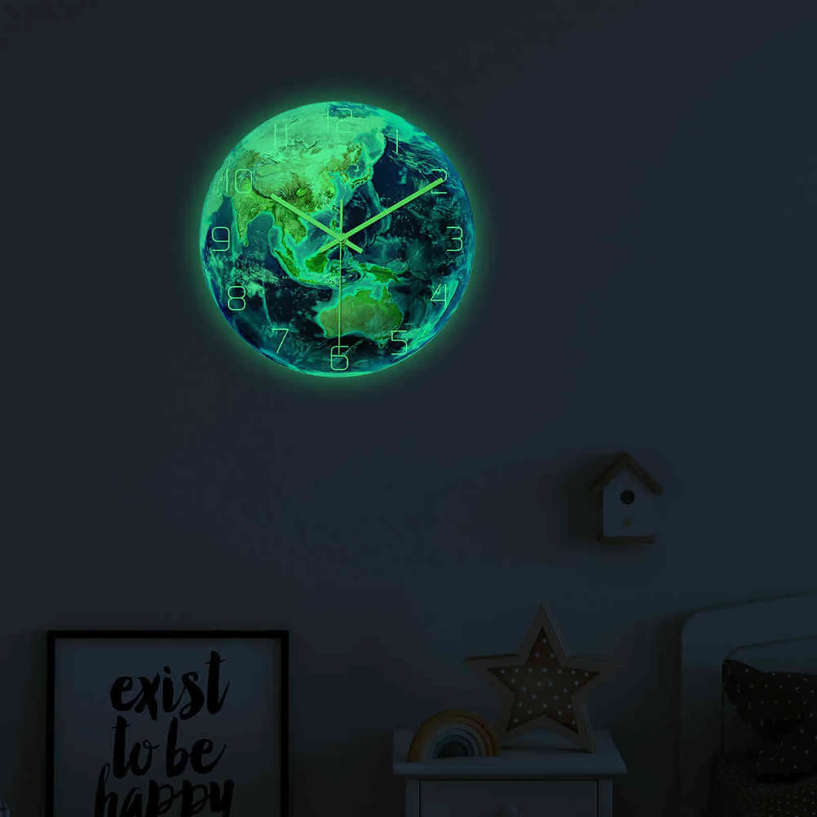 Natt glödande akryl 3d jordväggklocka i mörk fluorescerande lysande nålkonst horloge modern hemdekoration vardagsrum 211108895247