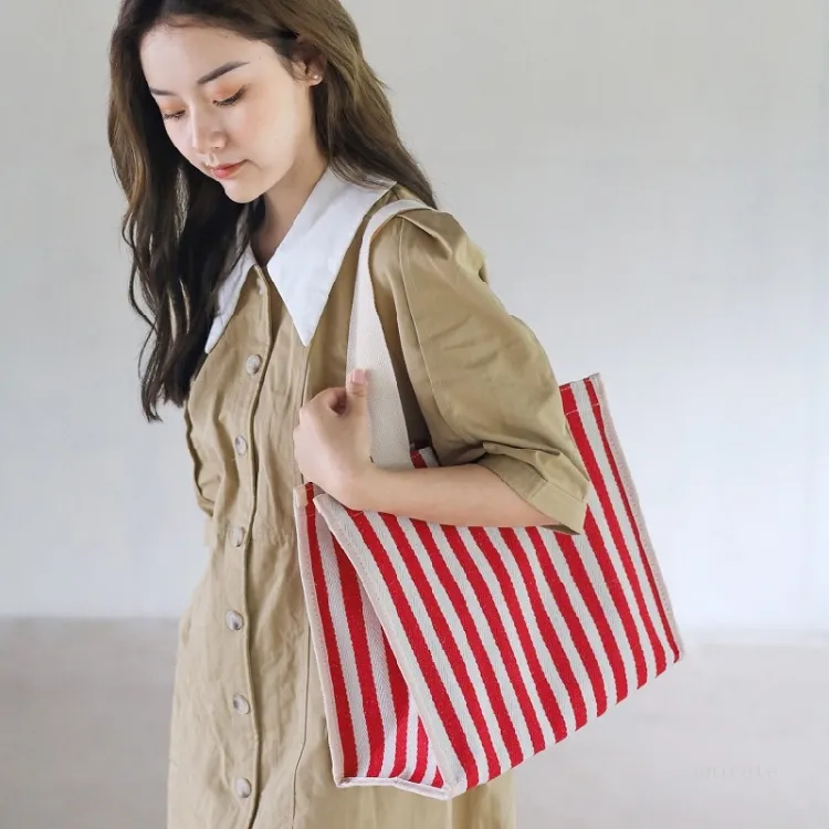 Korean striped handbag canvas women's vegetable shopping bag carrying Lunch Bags T2I52276