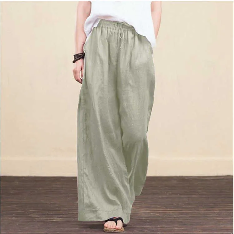 Women Spring Summer Solid Cotton Linen Wide Leg Pants Casual High Waist Palazzo Loose Pocket Trouser Long Pantalon Plus Size 5XL 210526