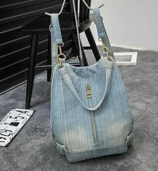 Tvättade denim kvinnor ryggsäck stora jean multifunktionell ryggsäck kvinnlig axelväska casual resväskor ryggsäck blå mochila bols 21242e