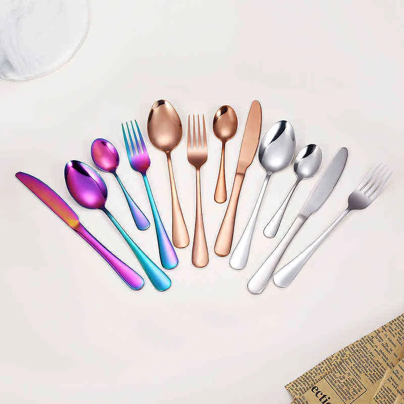 Stainless Steel Cutlery Tableware Rainbow Spoon Set Forks Knives Spoons Kitchen Dinnerware Set Drop 211112