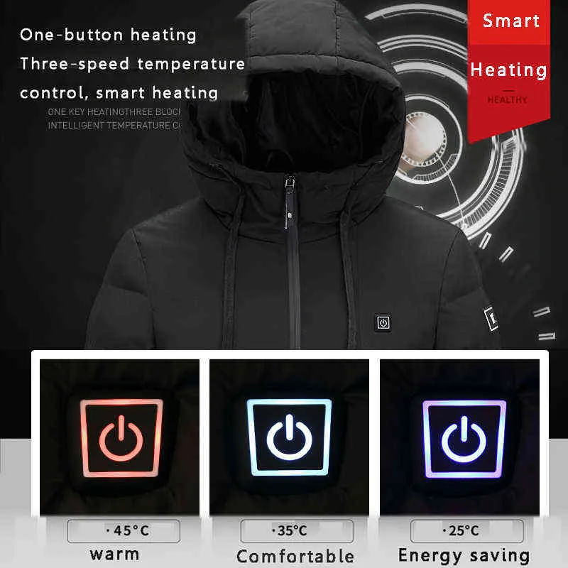 Männer Frauen Baumwolle Mantel USB Smart Elektrische Beheizte Jacken Winter Verdicken Unten Mit Kapuze Outdoor Wandern Ski Kleidung 7XL 211110