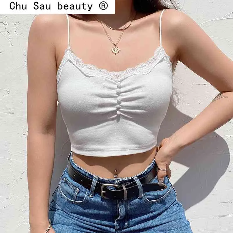 Beauty Summer Lace Stitching Collar Smocked Camisole Women's Inner Wrap Top White Fashion Female 210514