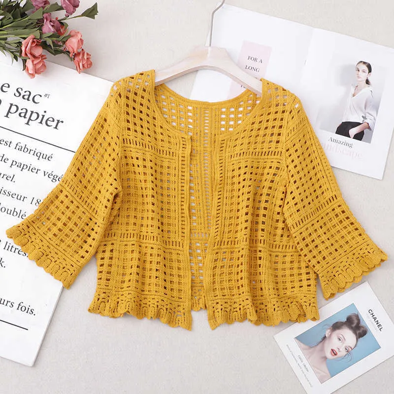 Sexy Cutout Knitted Cardigan Sweater Women Five-point Sleeves Thin Sunscreen Air Conditioning Short Sweater Female Spring Summer 210604