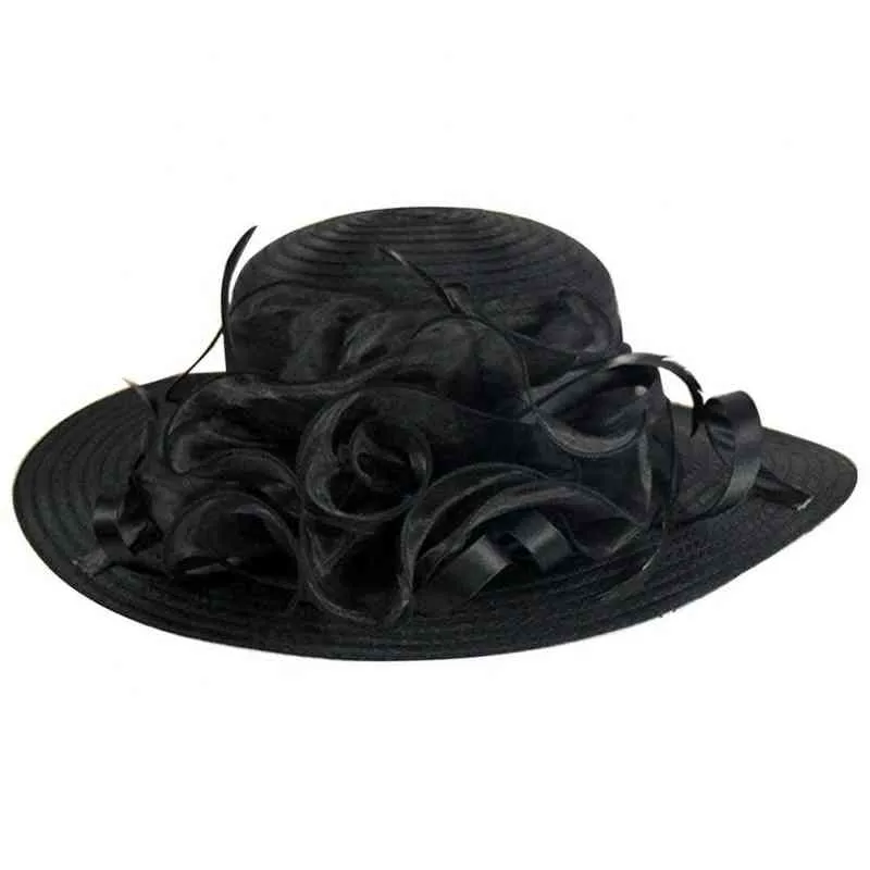 Chapeaux d'église pour femmes de mode élégante Organza floral à large bord Kentucky Derby Church Dress Sun Hat Mariage Sea Beach Caps G220301