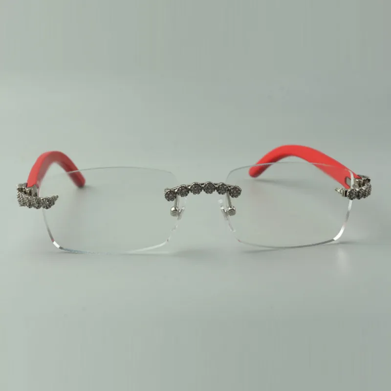 Designer-Bouquet-Diamantbrille, Rahmen 3524012 mit roten Holzbügeln und 56-mm-Linse256T