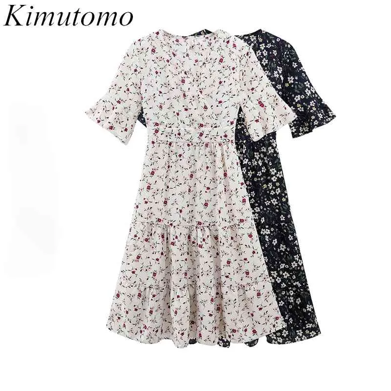 Kimutomo French Style Floral Dress Women Gentle Retro Summer V-neck Short Sleeve Slim Waist Chiffon Vestidos Elegant 210521