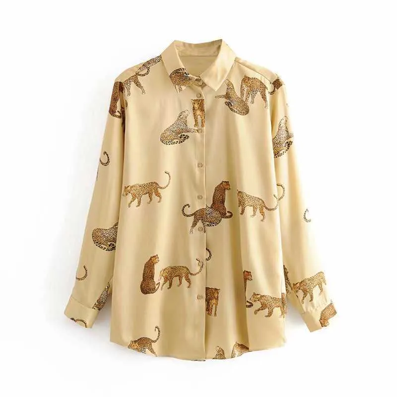 Vintage Hayvan Baskı Bluz Sonbahar Moda Kadınlar Leopar Dimi Gömlek Zarif Bayanlar Chic Blusas Mujer Tops 210531