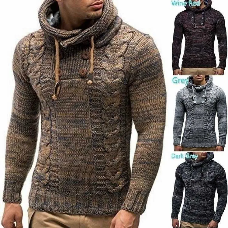 Pullover Herren Winter Mit Kapuze Slim Strickpullover Männlich Khaki Langarm Twist Muster Casual Jahr Sueter Para Hombre 210604