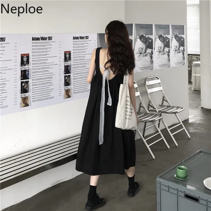 Neploe Maxi Dresses for Women Korean Temperament Robe Square Collar Sleeveless Dress Sexy Bow Backless Loose Vestidos 95412 210422