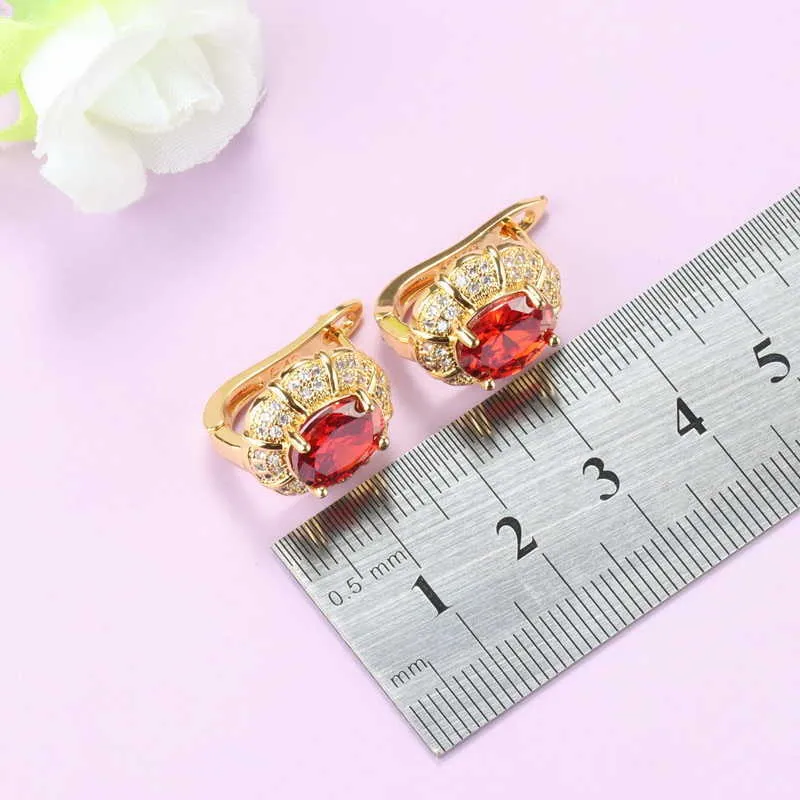 10-farben Bridal-Hochzeitskostüm Rot Granat Charm Armband Halskette und Clip Ohrringe Brasilianische Goldfarbe Schmuckset für Frauen H1022