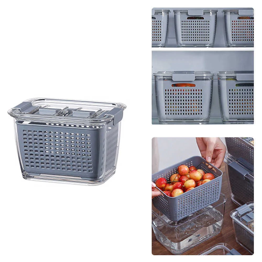 Caja de almacenamiento de plástico para cocina, caja de mantenimiento fresco, refrigerador, drenaje de frutas y verduras, caja de almacenamiento de contenedores de alimentos para cocina X0703