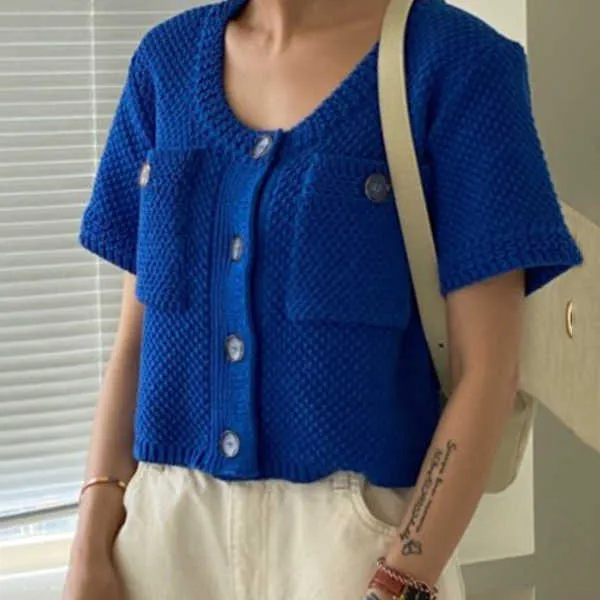 Korejpaa mujeres suéter verano coreano chic femenino simple cuello redondo de un solo pecho multibolsillo de manga corta cárdigan de punto 210526