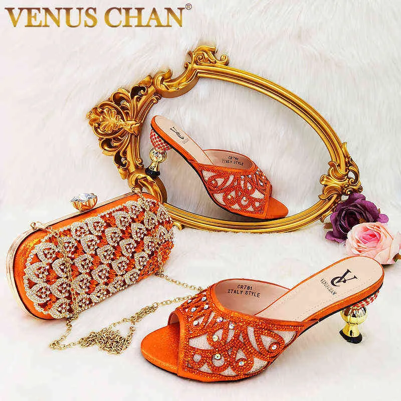 Scarpe eleganti design italiano tacco alto colore arancione strass donna e borsa set feste di qualità Lady Occasion 220303