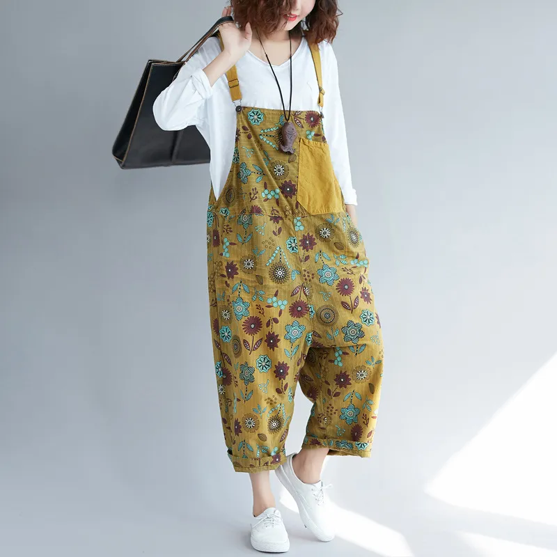 Johnature Ankle-length Pants Casual Jumpsuits Loose Print Overalls Pockets Rompers Flower Fashion Patchwork Women Jumpsuit 210521