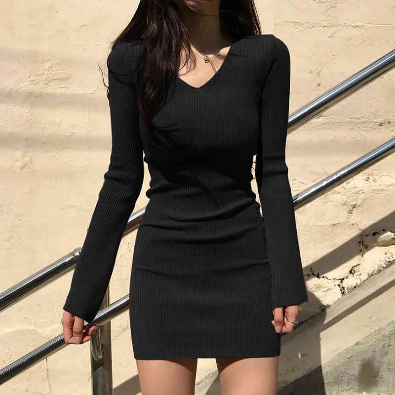 Black Knit E Girl Sweater Women's Mini Wrap Dress Sexy V Neck Long-Sleeve Casual Elastic Short Christmas Dresses Vestidos 210510