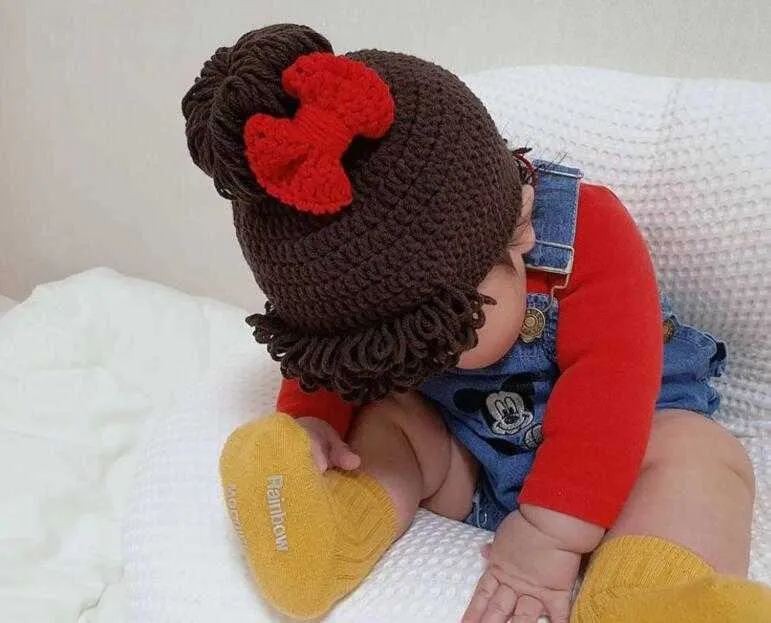 Bonito nascido bebê menina gorro chapéu cabelo trança trança peruca boné inverno quente de malha crianças meninas chapéus e bonés 2107138456444