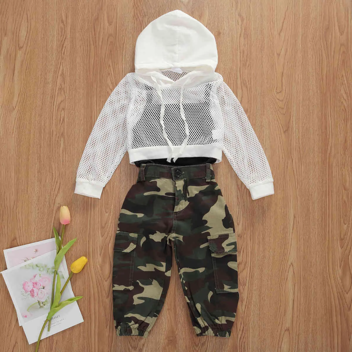 1-6y criança criança criança meninas conjunto conjunto de malha com capuz tops colete + camo calças roupas crianças trajes trajes 210515