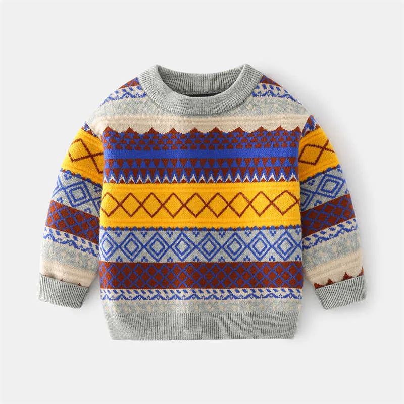 가을 겨울 소년 스웨터 니트 2021 새로운 패션 레트로 격자 무늬 패턴 아기 따뜻한 코트 어린이 풀 오버 2-6Y 아이 스웨터 Y1024