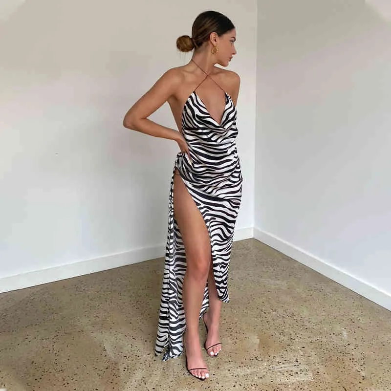 Y2K Senza maniche Backless Halter Fessura Zebra Stripes Stampa Sexy Maxi Slip Dress Summer Women Fashion Club Abiti lunghi 210517