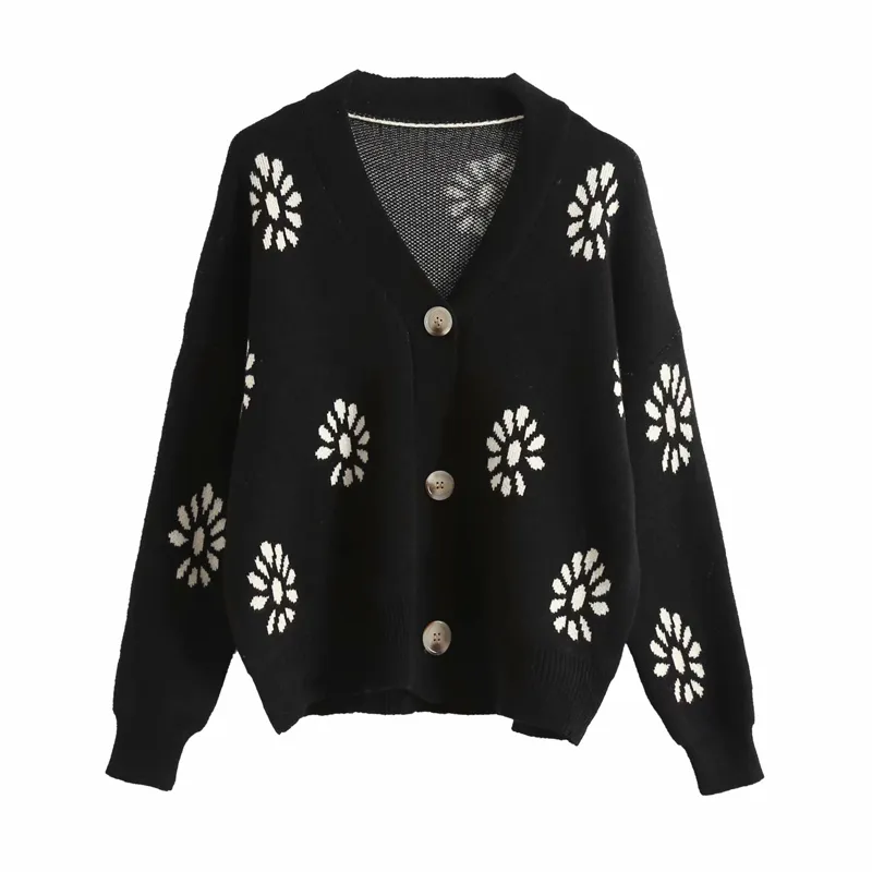 Autumn Women Wool Sweater Coats Cardigans Long Sleeve Floral Single Breasted Female Loose V-Neck Casual Sweaters Clothing 210513