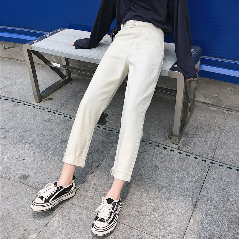 Vintage Solide Noir Blanc Droite Femmes Style Coréen Lâche Taille Haute Slim Cheville Longueur Jeans Pantalon 7284 50 210417