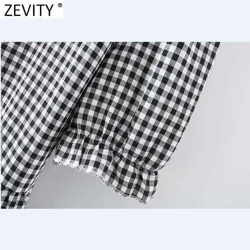 Zevity Femmes Vintage O Cou Puff Manches Plaid Imprimer Plis Midi Robe Femme Chic Casual Volants Une Ligne Robes DS8312 210603