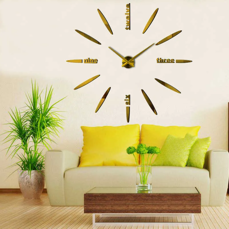 Sans cadre DIY Horloge Murale 3D Miroir Horloge Murale Grand Muet Stickers Muraux pour Salon Chambre Décorations Pour La Maison Big Time Clock 210930