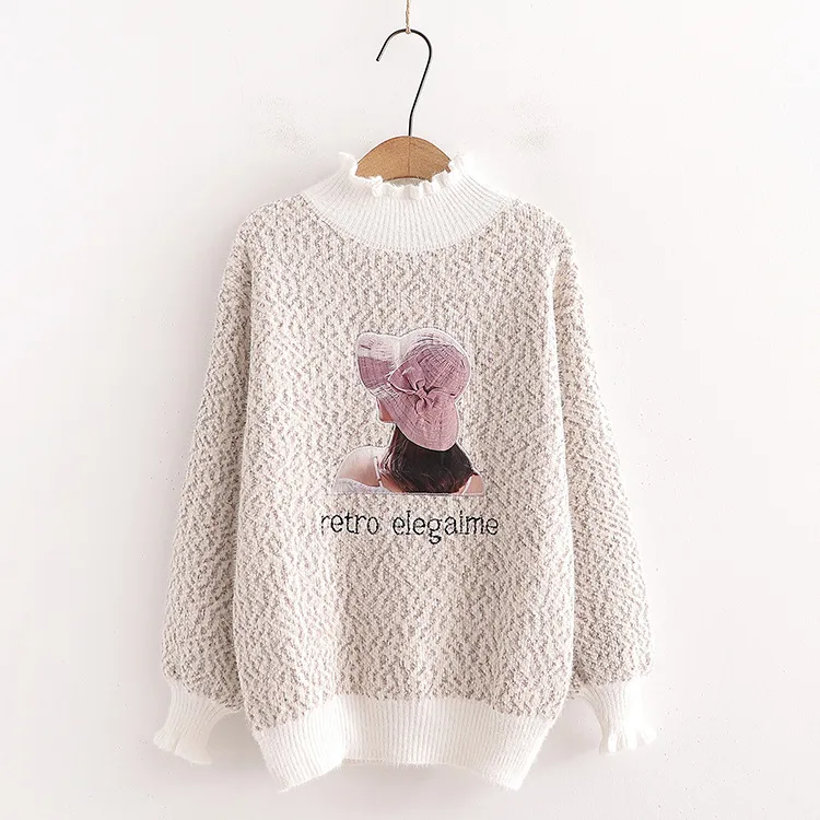 H.SA Autumn Winter Half Turtleneck Knitted Jumpers Soft Warm Cartoon Bear Embroidery Sweater Tops Patchwork Pull 210417