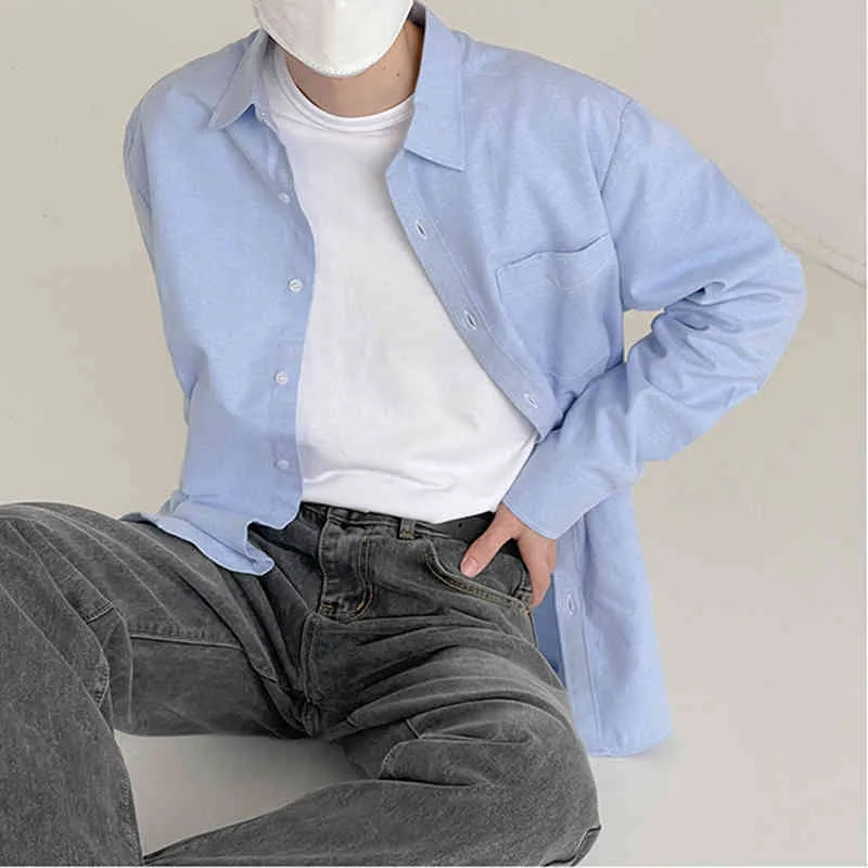 IEFB Lente Lange Mouw Shirt Heren Losse Causal White Shirts Koreaanse Streetwear Fashion Blue Oxford Fabric Tops 9Y6945 210524