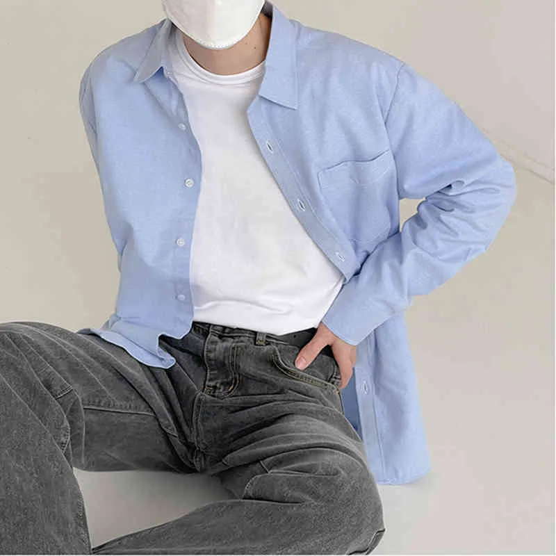 IEFB Printemps Chemise à manches longues Chemises blanches décontractées pour hommes Chemises blanches coréennes Streetwear Mode Bleu Oxford Tissu Tops 9Y6945 210524