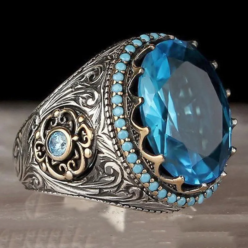 Bröllopsringar vintage stor ring för män Ancient Silver Color Inlaid Blue Green Agate Stone Punk Motor Biker Storlek 11 12 13235J