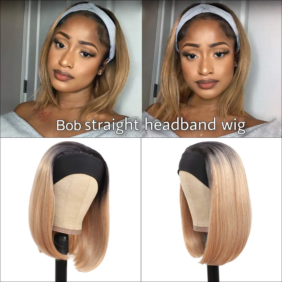 Ombre Blonde Bob Wig com faixa de cabeça para mulheres negras 10 12 14 polegadas Nenhum laço frontal peruca sintética peruca de cabelo reto Diariamente Wearfactory direc