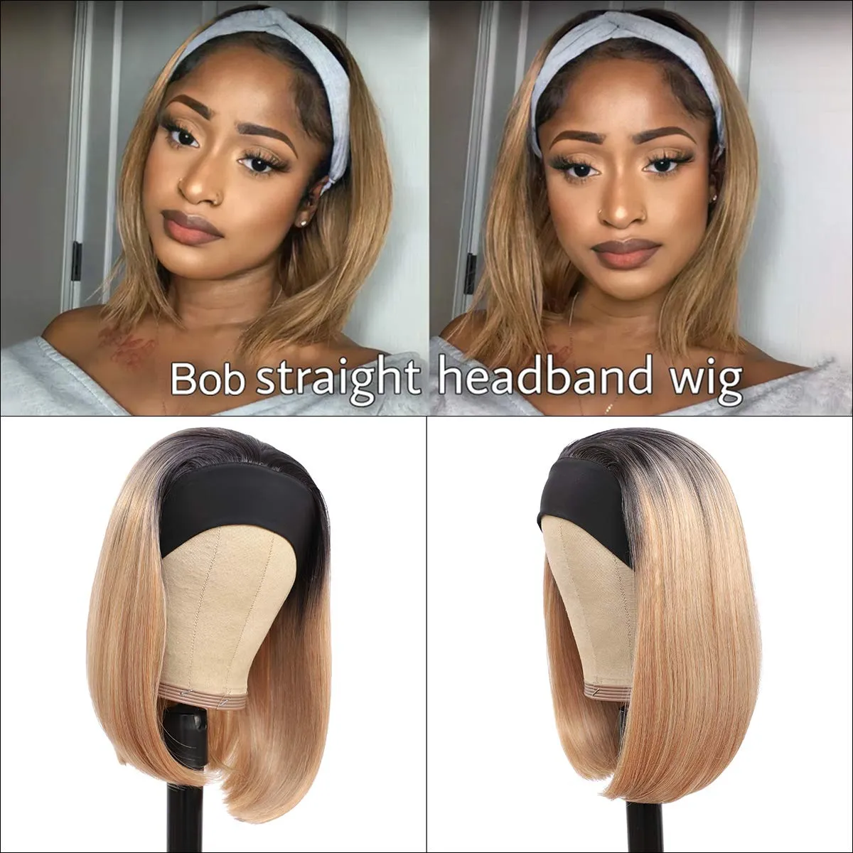 Ombre Blonde Bob Wig with Headband for Black Women 10 12 14 inch None Lace Frontal Wig Synthetic Straight Hair Wig Darily Wearfactory direc